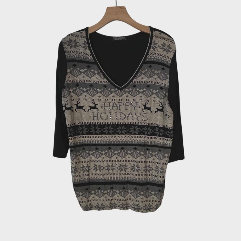 Vanilla Sugar Happy Holidays Shirt Knit Nordic Rhinestone Black Gray Womens Lg